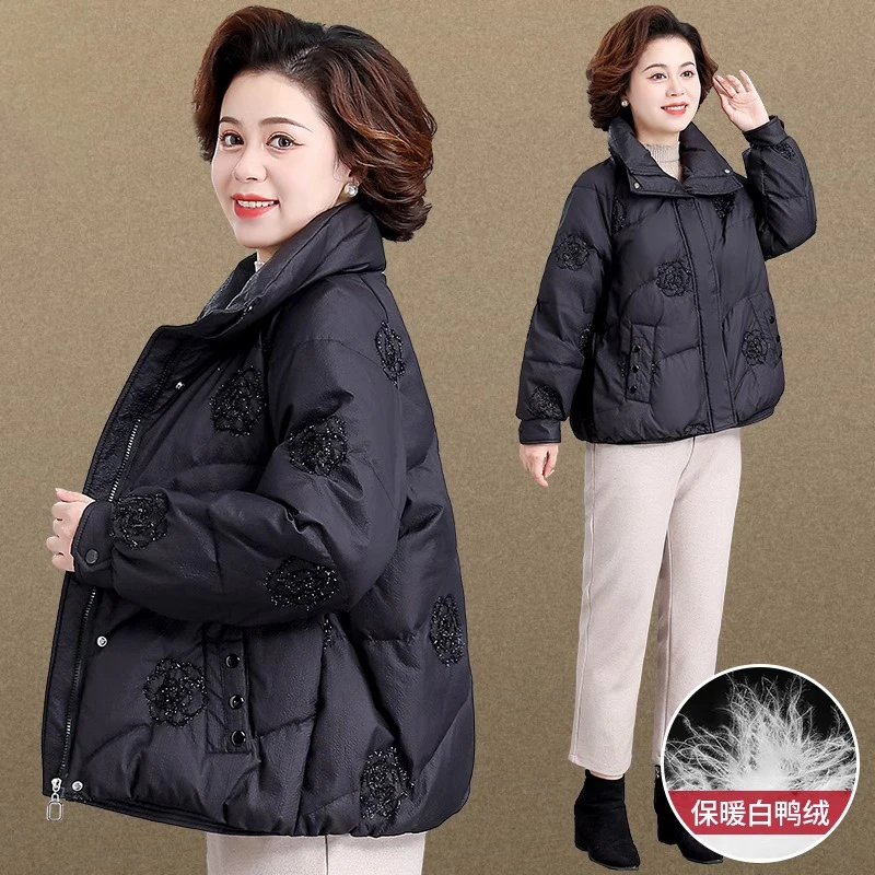 罗蒙中年妈妈冬装羽绒服女新款中老年女装冬季轻薄白鸭绒外套上衣