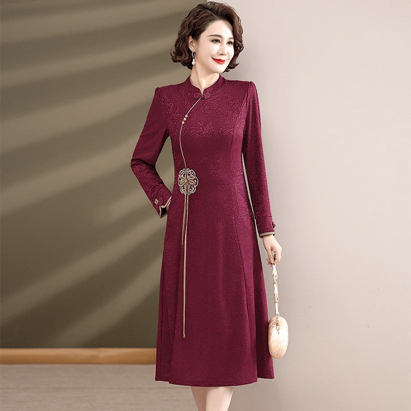 罗蒙新款旗袍改良连衣裙妈妈新中式国风洋气中老年春秋季高贵裙子