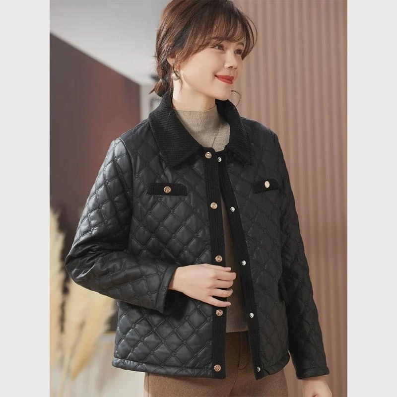 罗蒙妈妈秋冬洋气小棉衣轻薄外套中老年女冬装时尚气质小香风皮衣