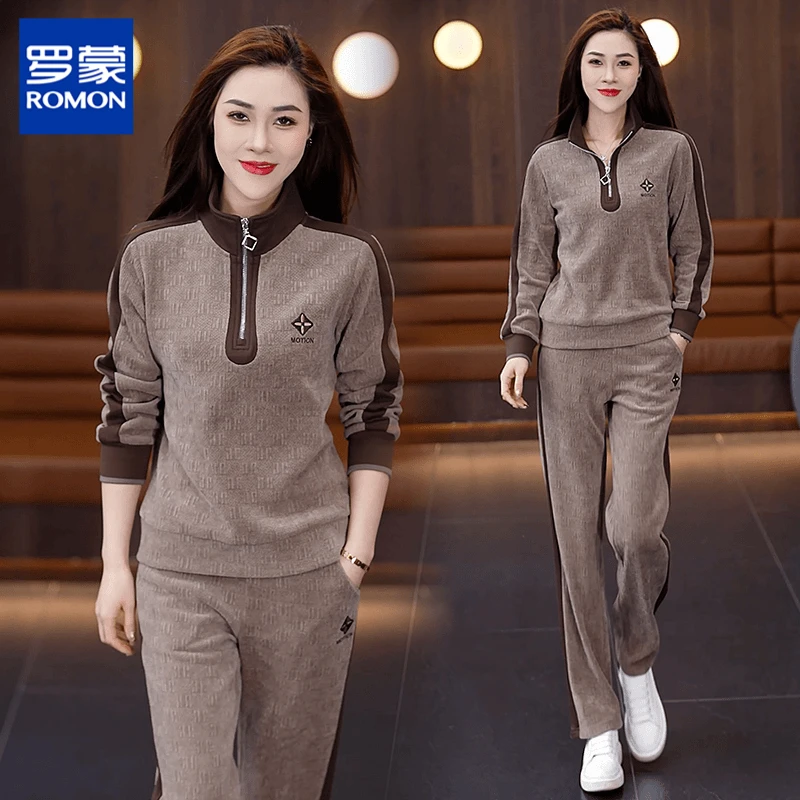 罗蒙休闲运动服套装女新款时尚洋气减龄半拉链卫衣阔腿裤两件套