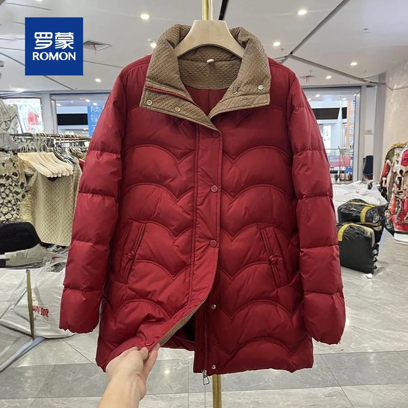 罗蒙时尚妈妈中长款洋气白鸭绒羽绒服外套加厚保暖宽松中老年上衣