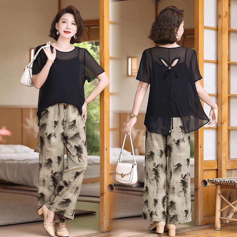 罗蒙妈妈夏季显瘦套装短袖洋气新款中老年时尚气质宽松两件套女