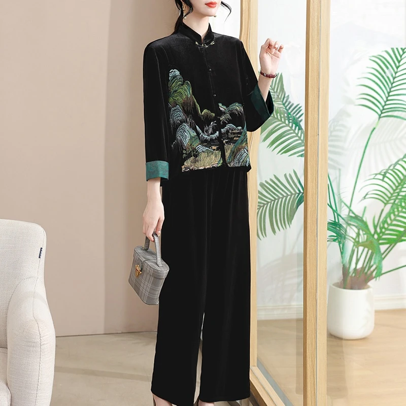 罗蒙妈妈秋装外套2025新款中老年人金丝绒套装女春秋奶奶两件套女