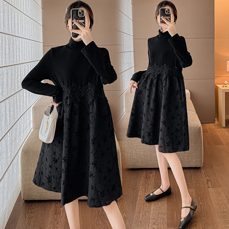 （无货）孕妇春季新款半高领蕾丝拼接大码连衣裙时尚百搭减龄