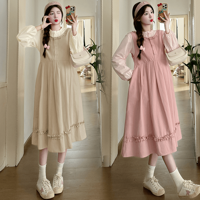 （无货）孕妇连衣裙春季宽松圆领长袖衬衣配背带裙韩版两件套减龄