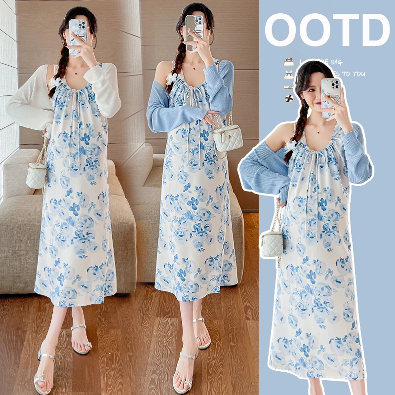 2024夏季新款流光缎面碎花度假风吊带裙+防晒小罩衫两件套显瘦裙