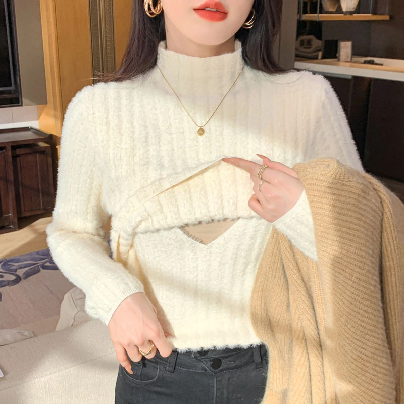 秋冬加绒加厚哺乳毛衣产后月子期保暖哺乳衣服秋冬款外出时尚装