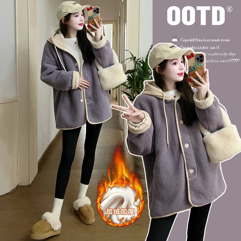 孕妇冬装加绒加厚羊羔毛外套优质加厚羊羔绒时尚宽松百搭减龄大码