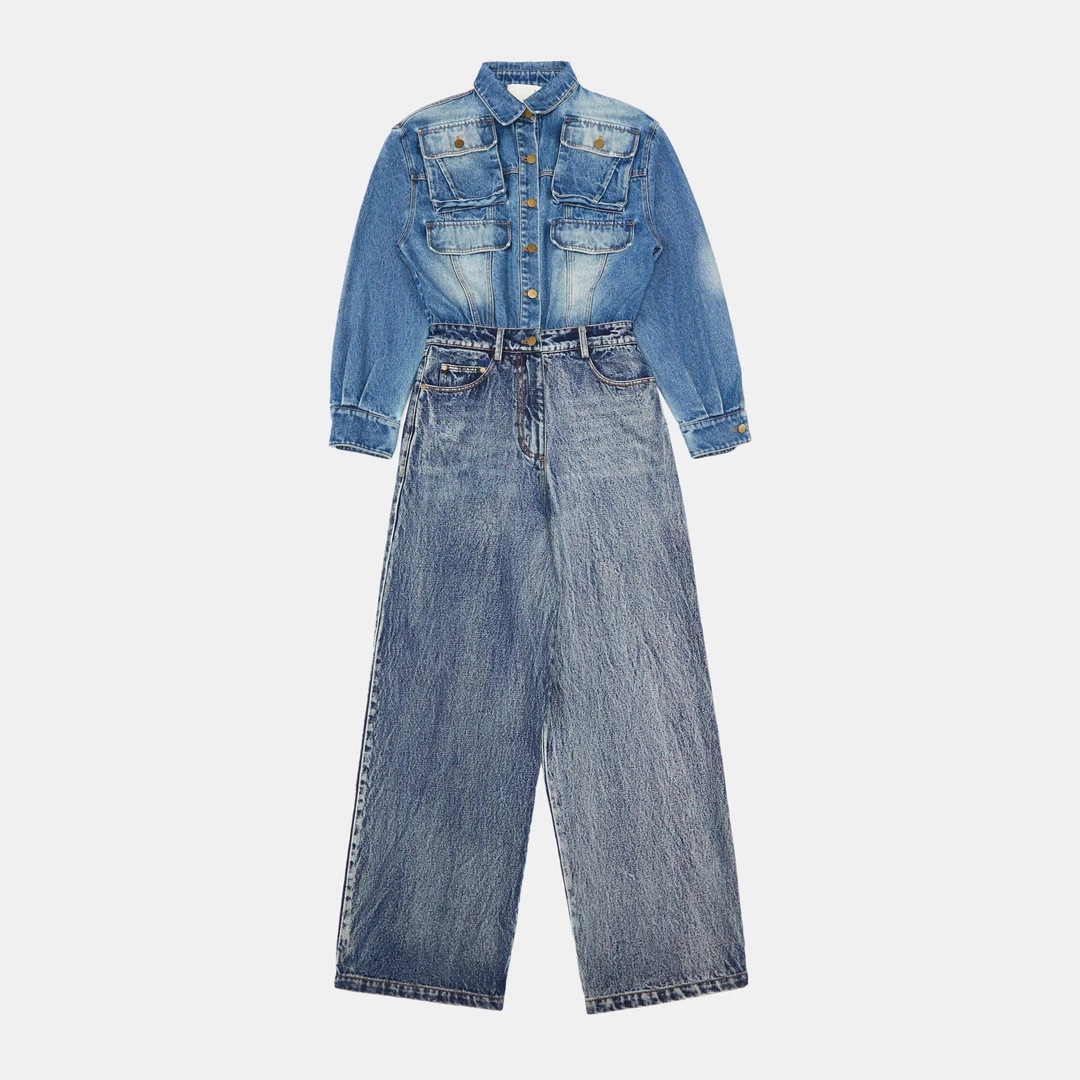 6116立体袋分色牛仔直筒连体裤010816