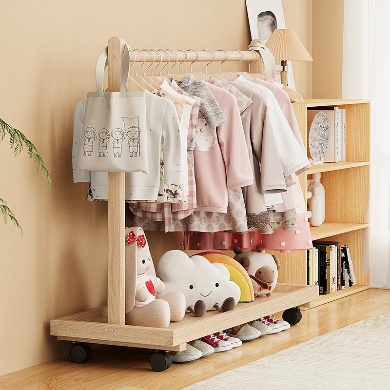 实木儿童挂衣架落地带轮可移动储物婴儿衣帽挂架幼儿园衣服收纳架