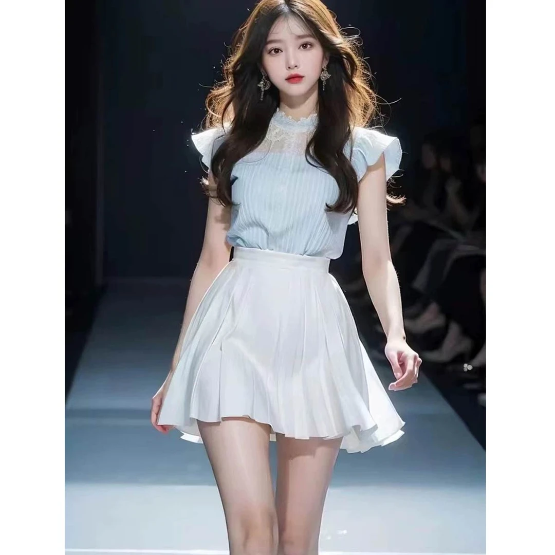 蓝色小飞袖衬衫女2024新款夏季无袖短款小衫洋气独特别致套装女