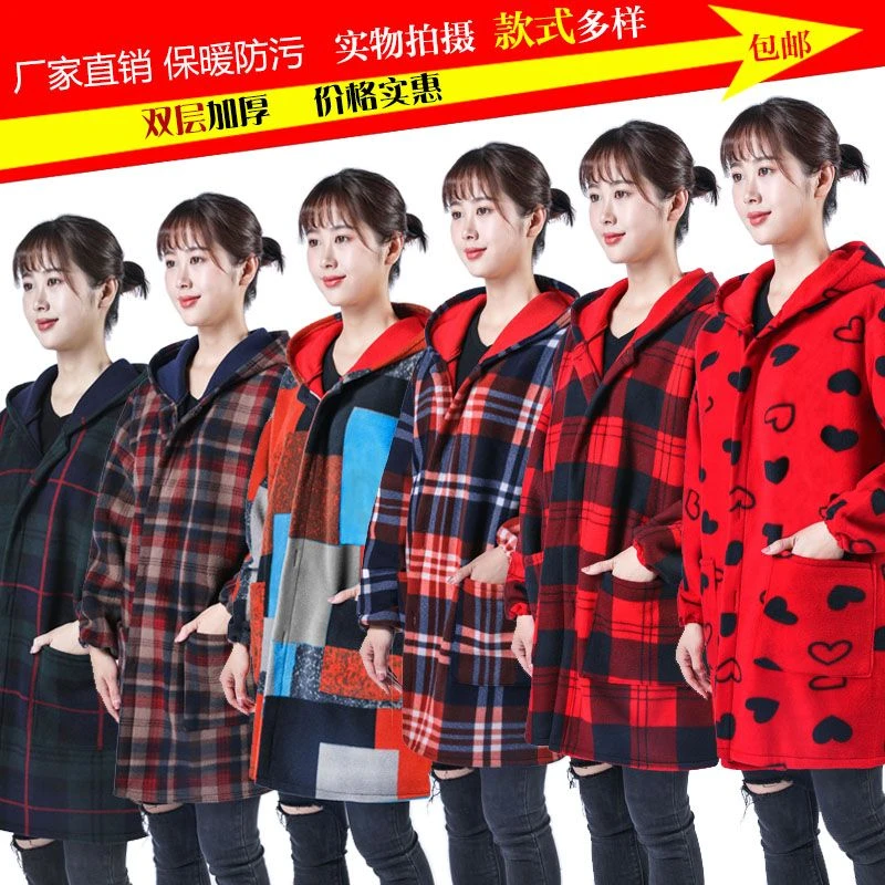 韩版羽绒服罩衣成人女加绒加厚长袖护衣时尚厨房围裙工作服男冬季