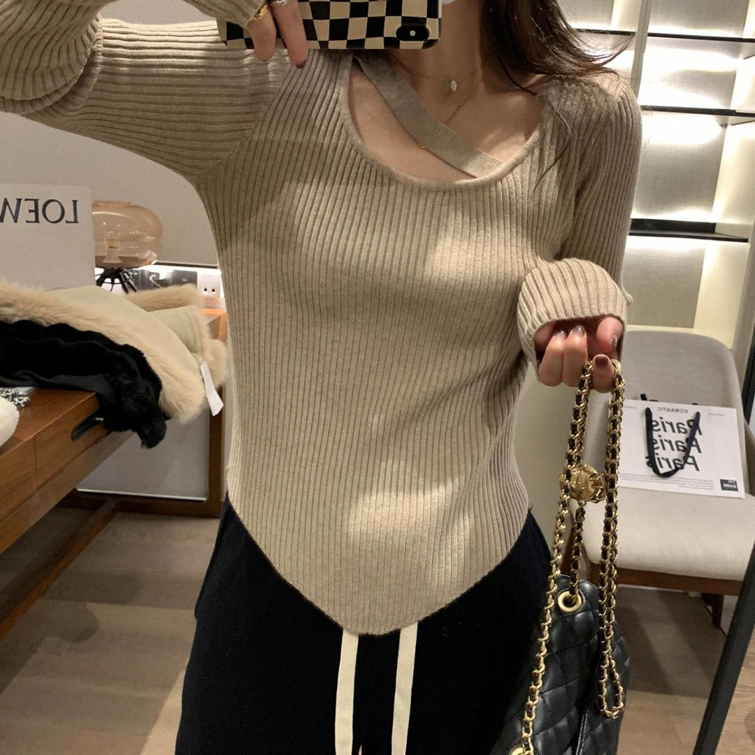 设计感内搭打底衫女冬洋气露锁骨针织衫小心机性感上衣长袖针织衫