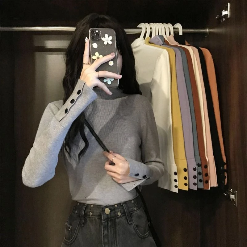 高领针织上衣女秋季2023新款短款修身洋气长袖内搭打底毛衣小个子