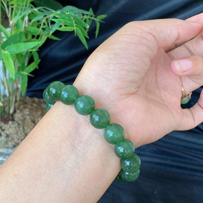 和田玉俄罗斯碧玉菠菜绿圆珠手串