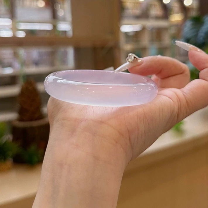 冰透淡紫罗兰玛瑙玉髓玉手镯天然正品扁条手镯少女玉镯子带证书