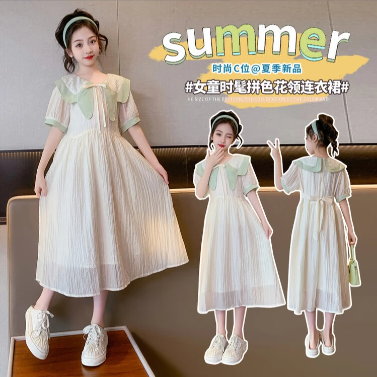女童夏季新款时髦拼色花领长裙子阳光女孩子公主小清新连衣裙长款
