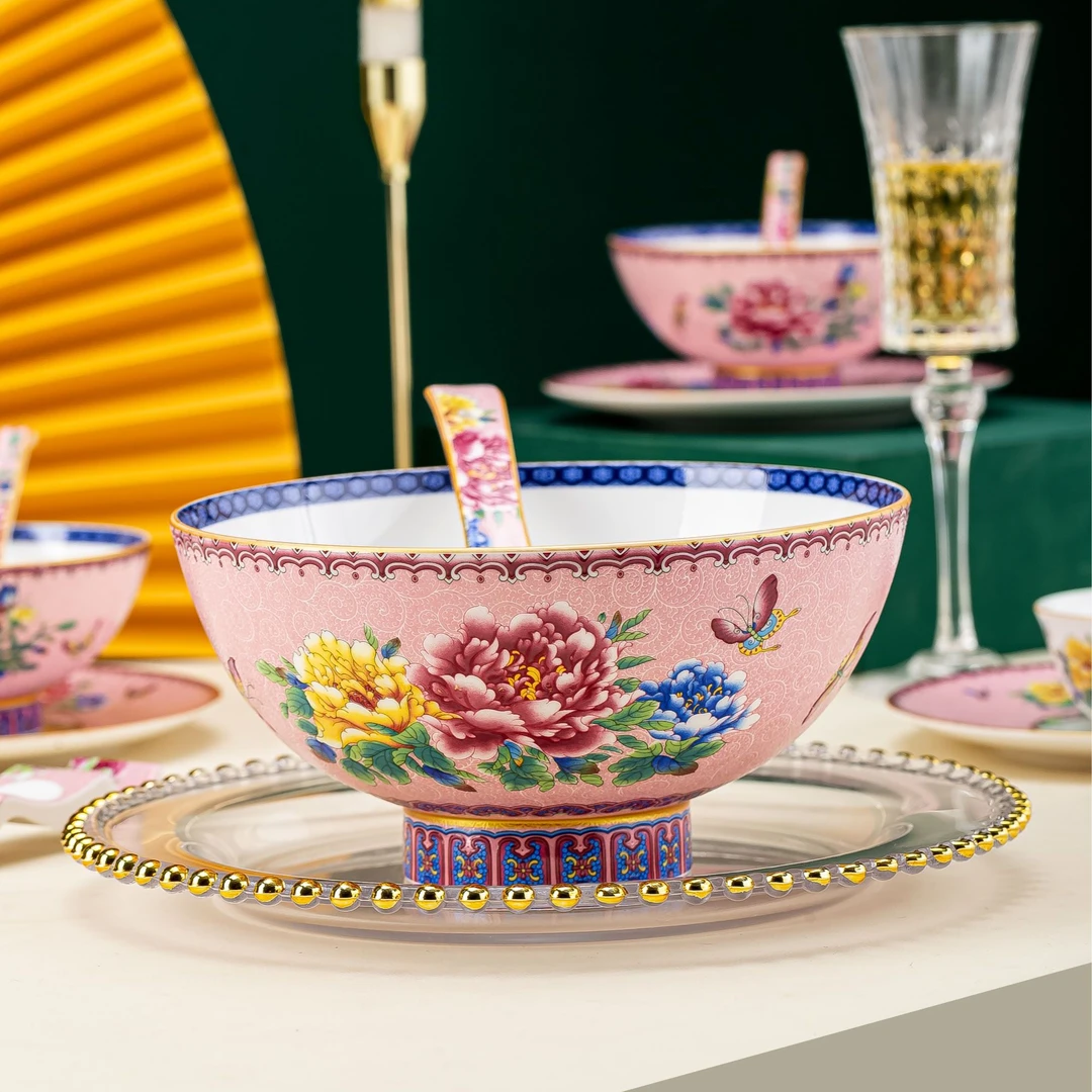 国色天香大汤碗景德镇家用陶瓷中式欧式米饭碗金边吃饭碗珐琅彩