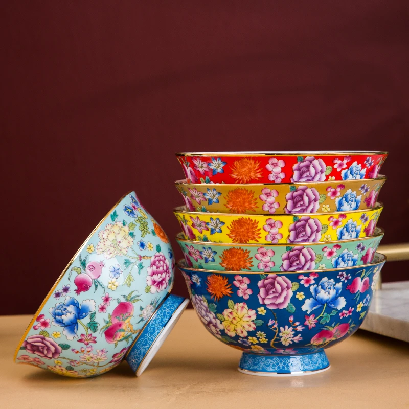 景德镇7英寸陶瓷宫廷风御用珐琅彩防烫高脚面碗口径18CM北方家用