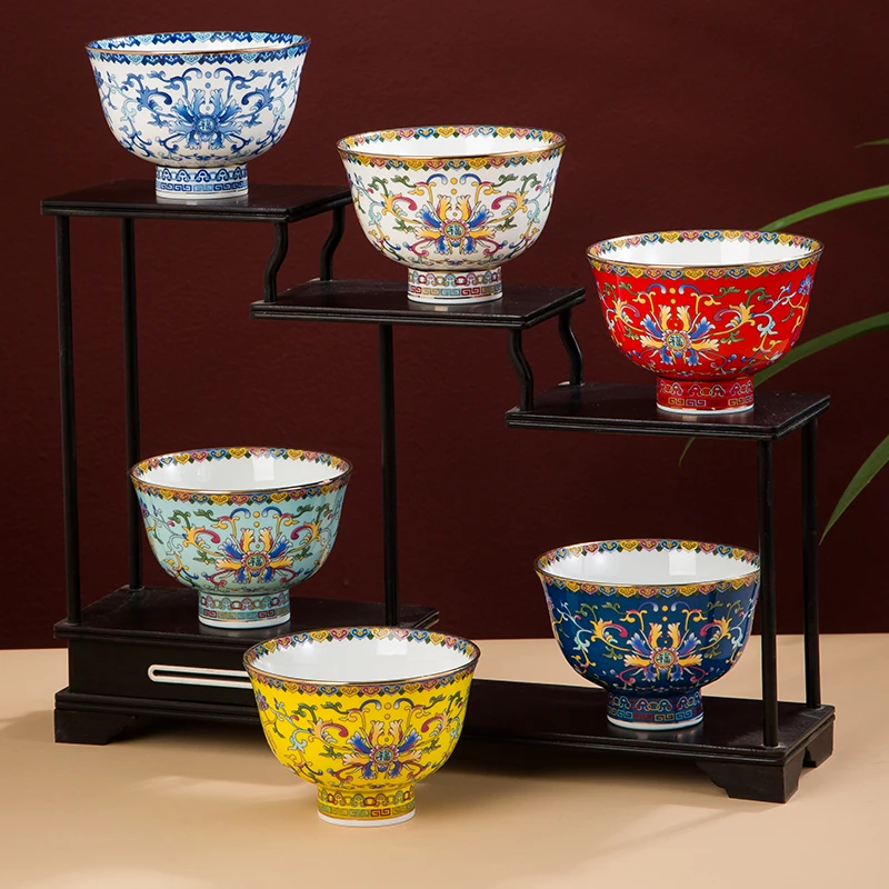 金边新款圆形中式彩酥油小号喝汤碗高脚宫廷风景德镇碗喝茶碗