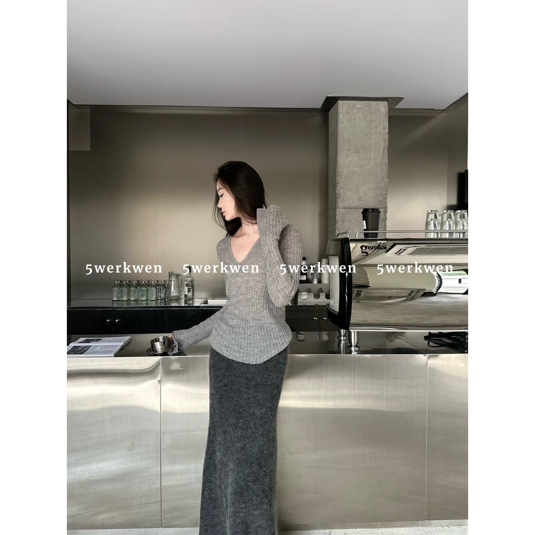 5werkwen 纸片人慵懒开衩袖针织打底衫女秋百搭V领显瘦长袖上衣