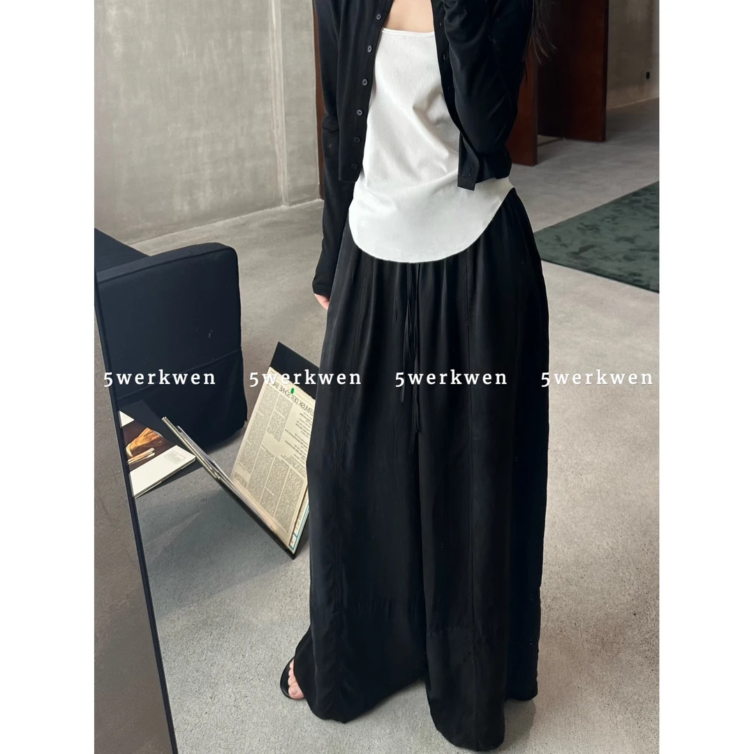 5werkwen 重磅飘飘长裤松紧腰 双抽绳拼接阔腿慵懒拖地裤女休闲