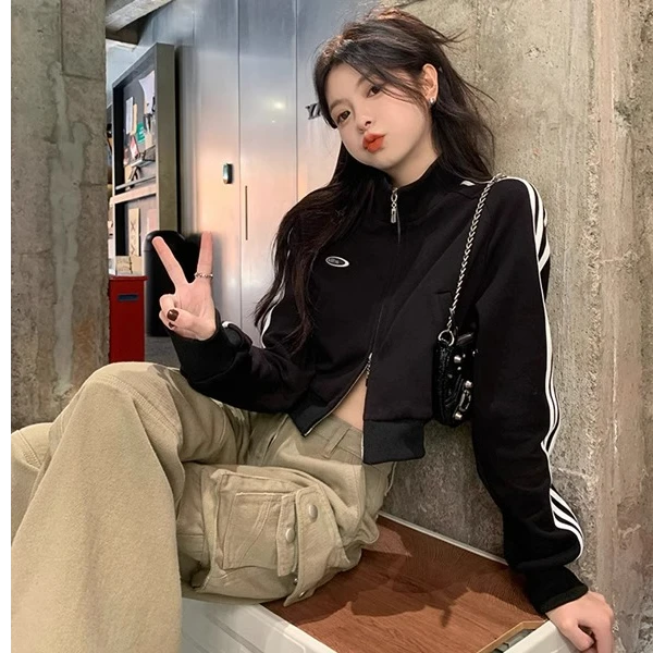 美式复古黑色半高领立领双拉链卫衣外套女春秋季运动长袖短款开衫