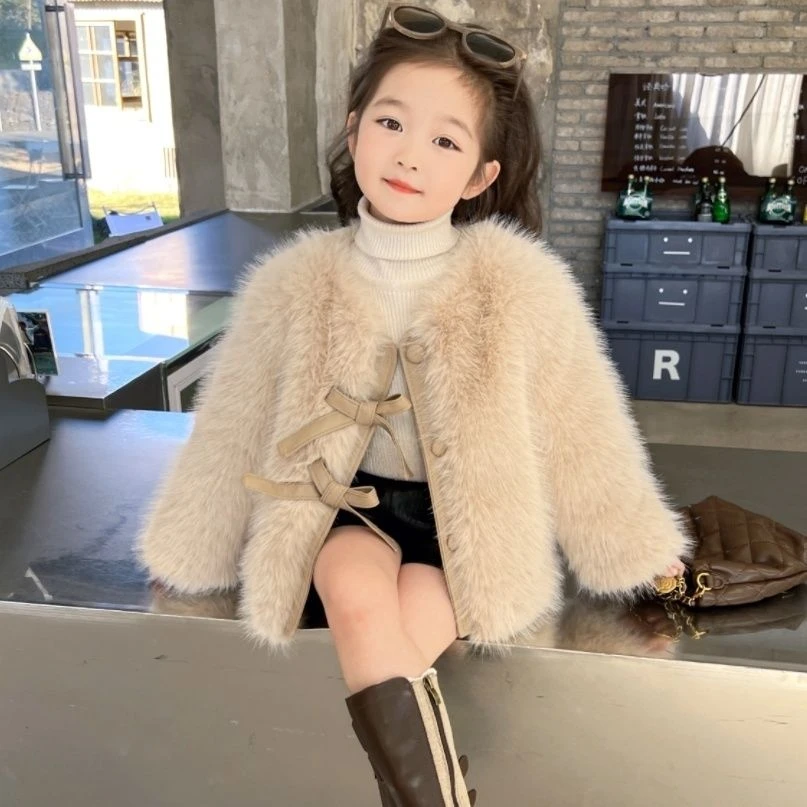 2023新款宝宝女童外套仿皮草毛毛衣儿童蝴蝶结洋气毛绒上衣冬季装