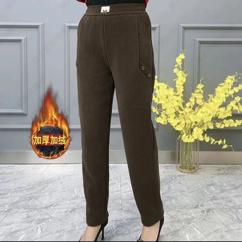 秋冬季新款加绒加厚休闲哈伦裤女高档中年妈妈装洋气小脚直筒裤子