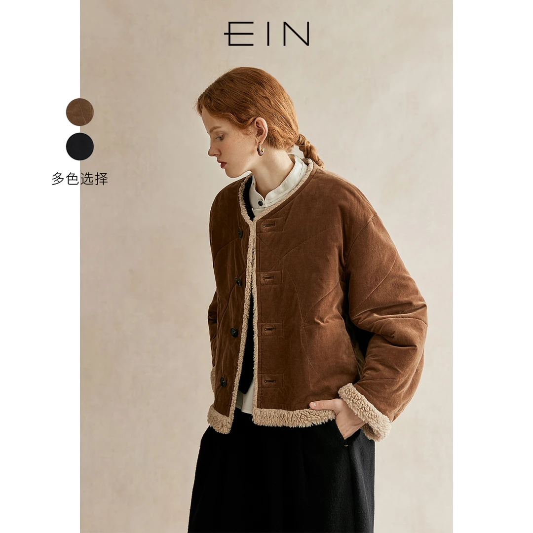 EIN/言雅丹风文艺平绒双面穿拼接圆领保暖棉短大衣24秋冬