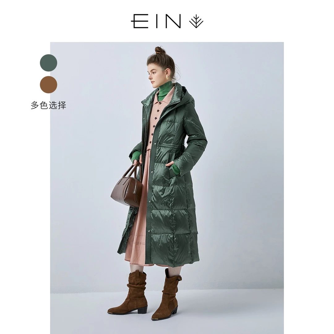 EIN/言【90白鹅绒】连帽光泽修身保暖中长轻奢羽绒服女士WF1903341