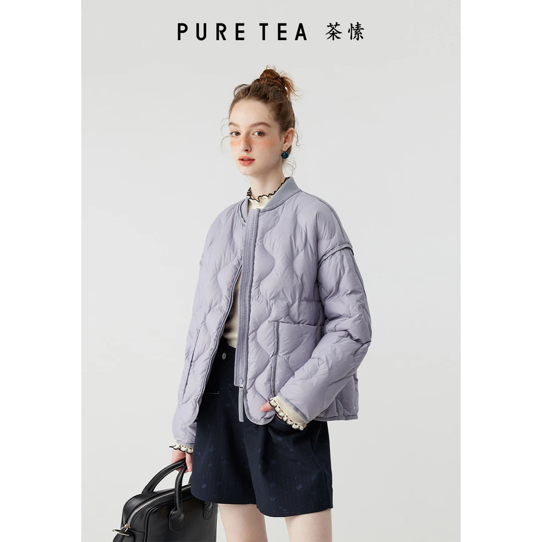 【文艺日常】puretea茶愫水波纹鸭绒棒球羽绒服女冬季新品KF0701B42