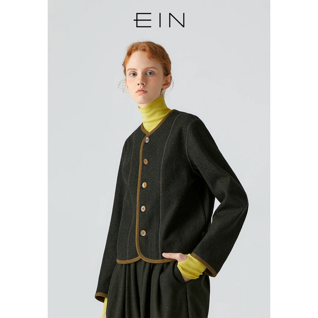 EIN/言小香风圆弧立裁箱型撞色包边秋冬复古长袖外套25春季