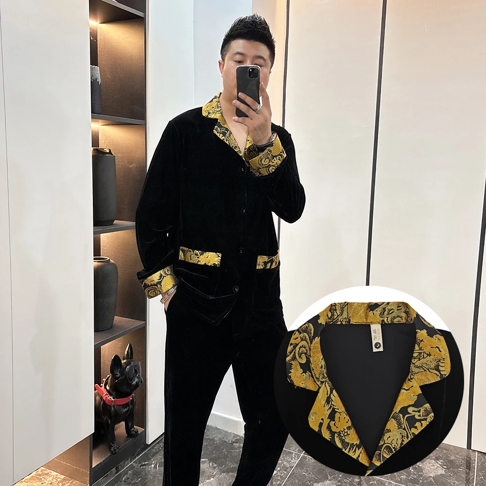 金丝绒男士大码睡衣套装2025冬季款弹力大码撞色可外穿家居服潮男