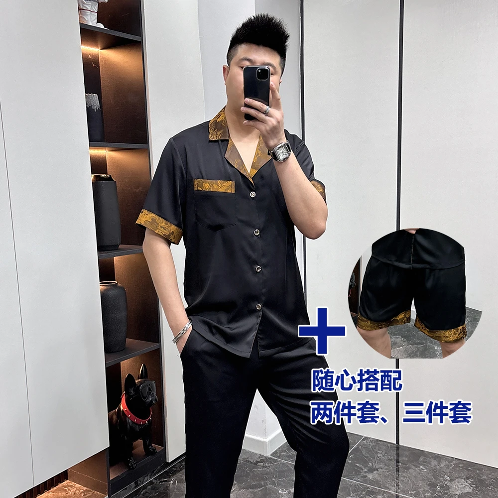 299三件套透气高档男士翻领夏季三件套装黑色冰丝可外穿居家服