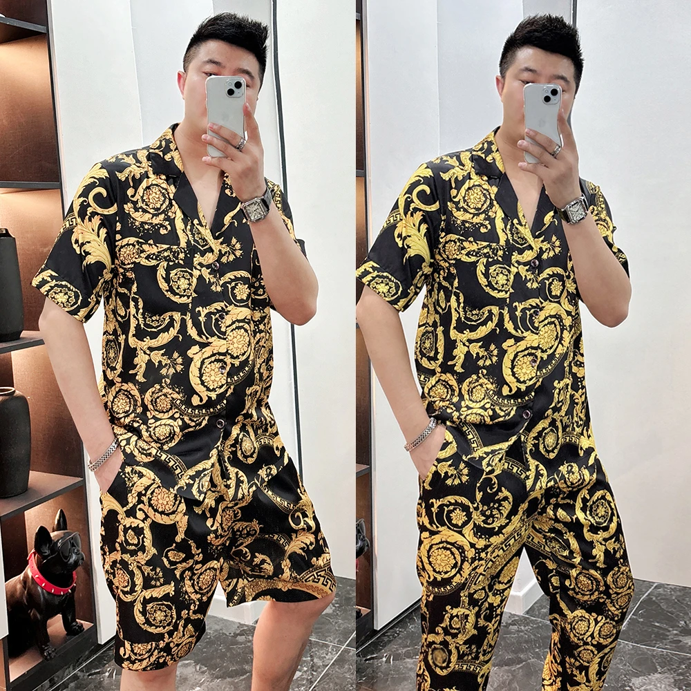 男士大码短袖短裤印花夏天套装2025印花薄款高档奢华外穿家居服潮