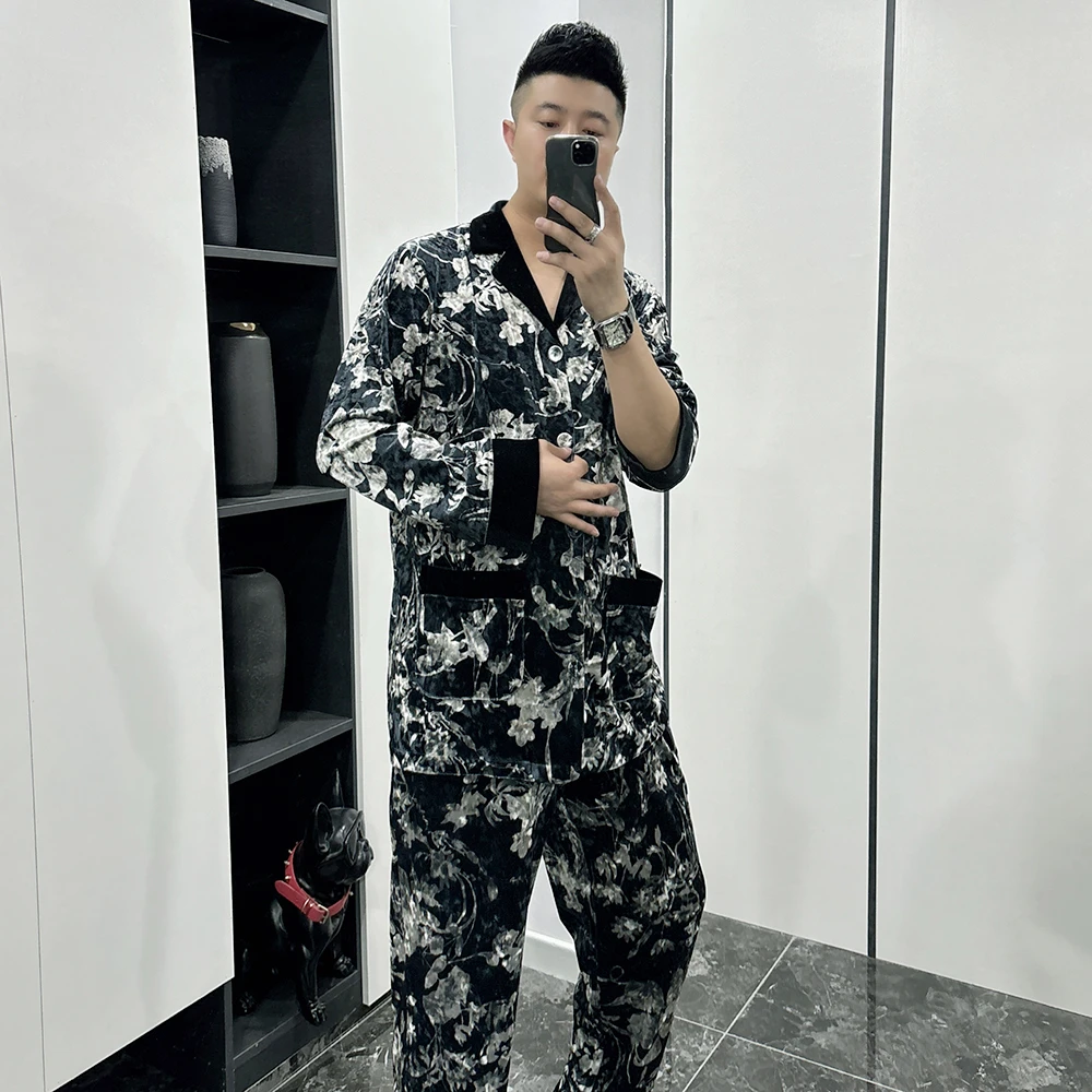 金丝绒长袖睡衣套装2025秋季款弹力大码奢华品质可外穿家居服男装