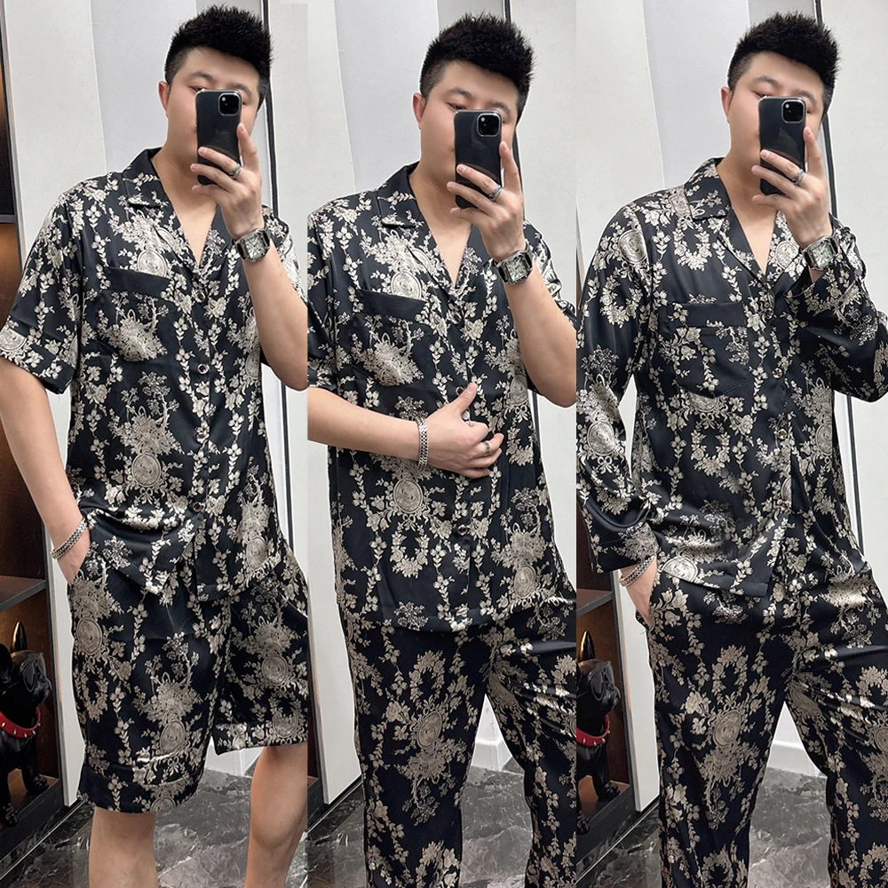 男士轻奢冰丝薄款套装睡衣大码宽松青年休闲印花家居服两件套男款