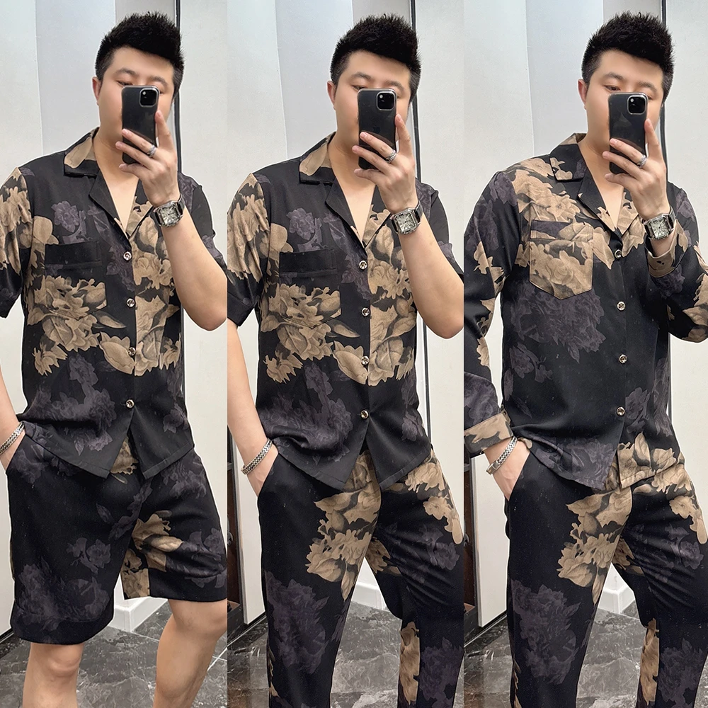 男士休闲薄款夏季短袖潮流网红睡衣套装奢华帅气可外穿大码家居服