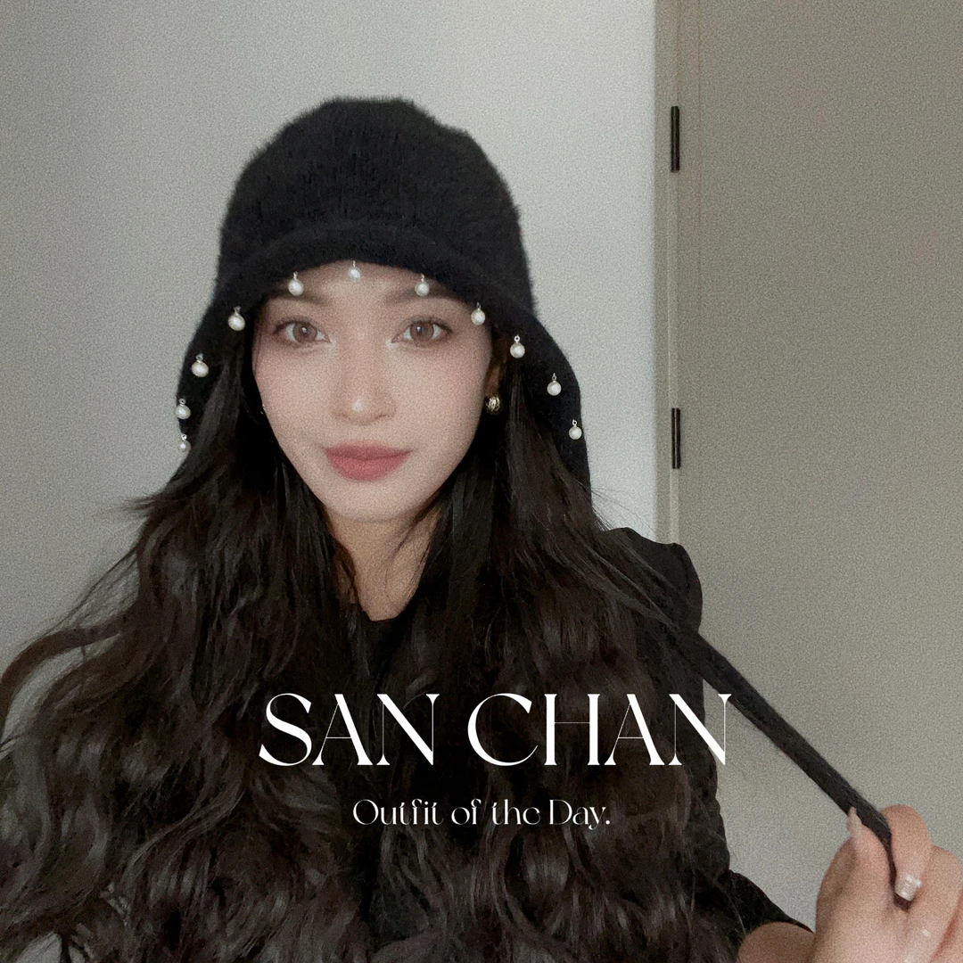 珠珠款～黑色针织帽女秋冬拼接保暖毛线帽防寒套头毛绒护耳包头帽