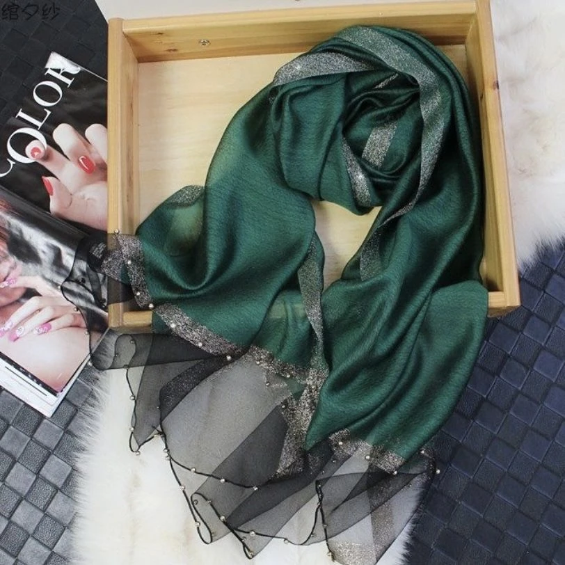 桑蚕丝羊毛175*75左右围巾丝巾披肩【纯色钉珠款】绿色G1