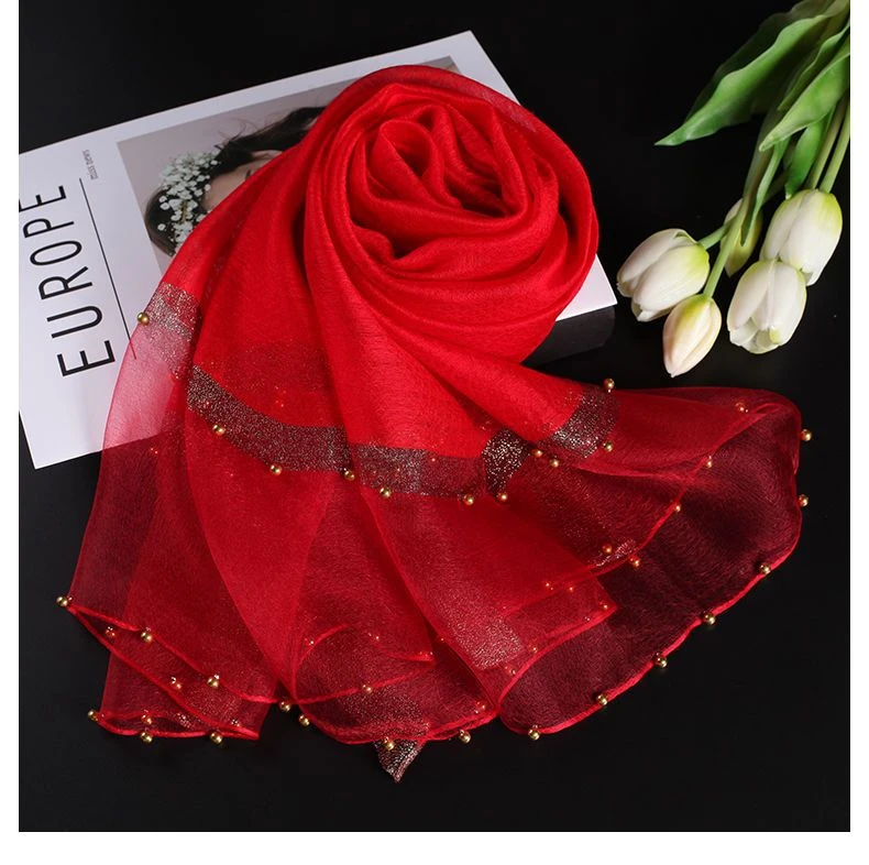 桑蚕丝羊毛175*75左右围巾丝巾披肩【纯色钉珠款】正红色G2