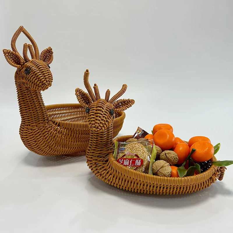 客厅茶几动物形状水果盘仿藤编织干果盘品级小鹿零食筐糖果收纳篮