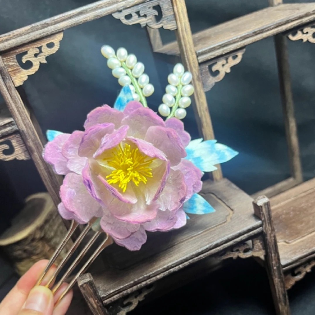 非遗绒花牡丹发簪，古风汉服头饰新中式国风复古饰品