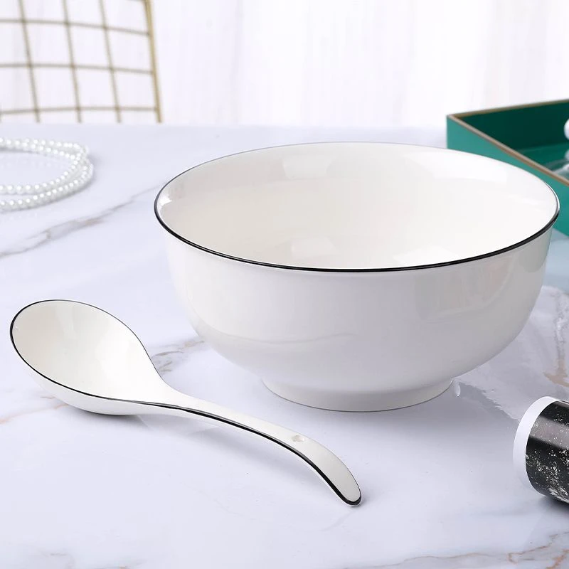 创意简约黑线圆形汤碗大汤盆大号带盖品锅大勺家用陶瓷釉下彩餐具