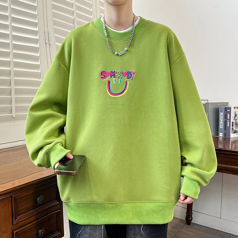 春秋季新款男士长袖百搭刺绣潮流休闲上衣笑脸宽松休闲卫衣T恤
