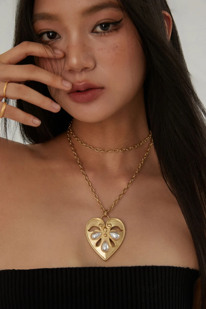 铜合金锆石项链 SOUL HUG复古两戴爱心链SH2024SS014