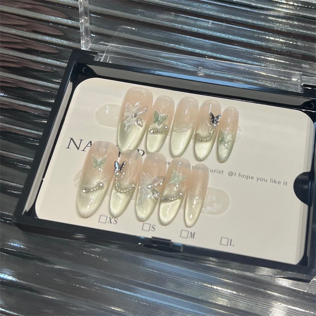 薄荷冰封甜美立体浮雕蝴蝶法式拉丝渐变猫眼可拆卸手工穿戴甲