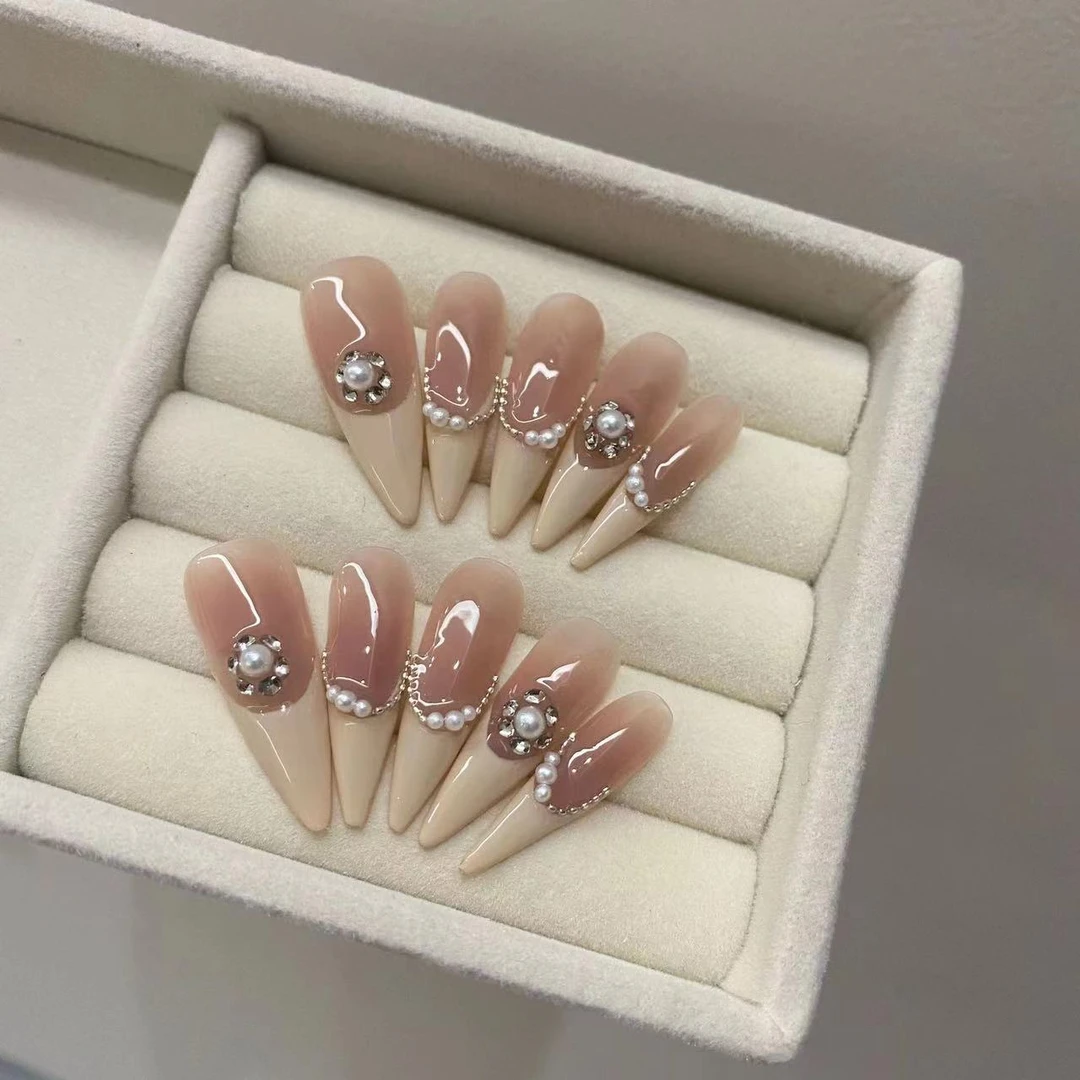 手工穿戴甲显白黄黑皮气质长款法式轻奢可拆卸甲片高级风光疗甲片