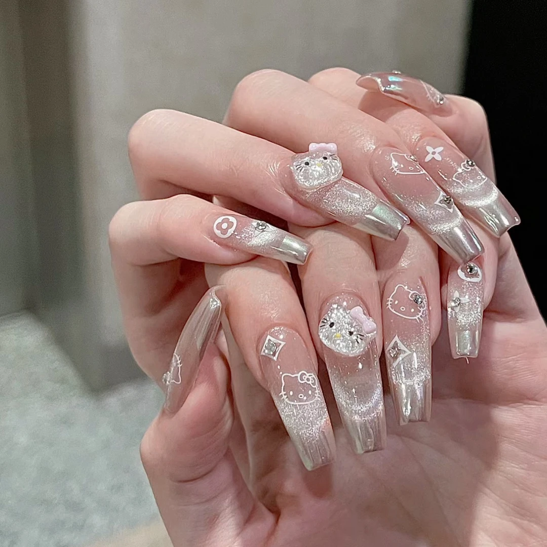 长款穿戴甲片假指甲贴爆闪法式魔镜猫眼kitty美甲贴片长款